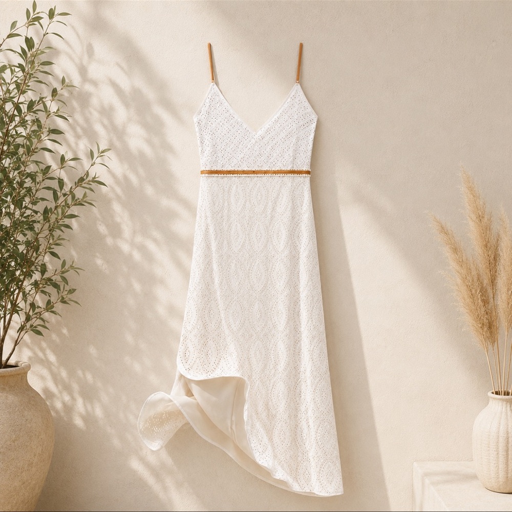 Zara White Eyelet Lace Midi Dress | Spaghetti Strap Boho Dress